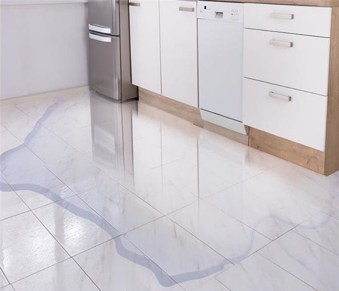 a kitchen with a puddle of water covering the tile floor