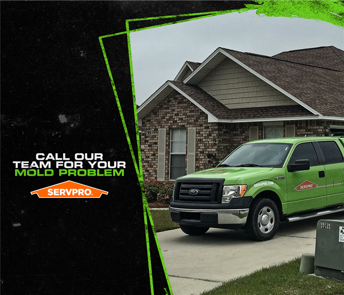 SERVPRO truck in front of a home with caption: "Call Our Team For Your Mold Problem"